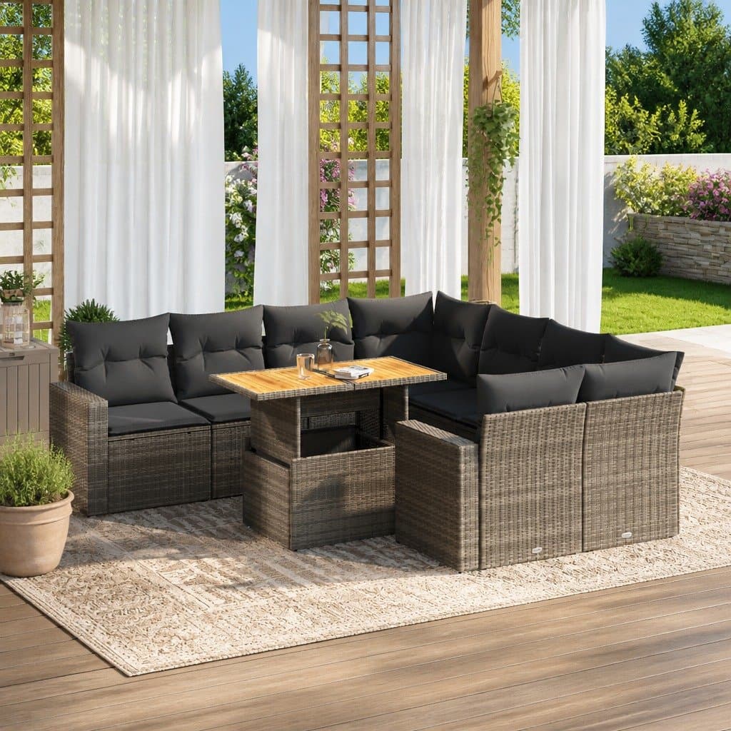 9 Piece Grey Poly Rattan Garden Sofa Set