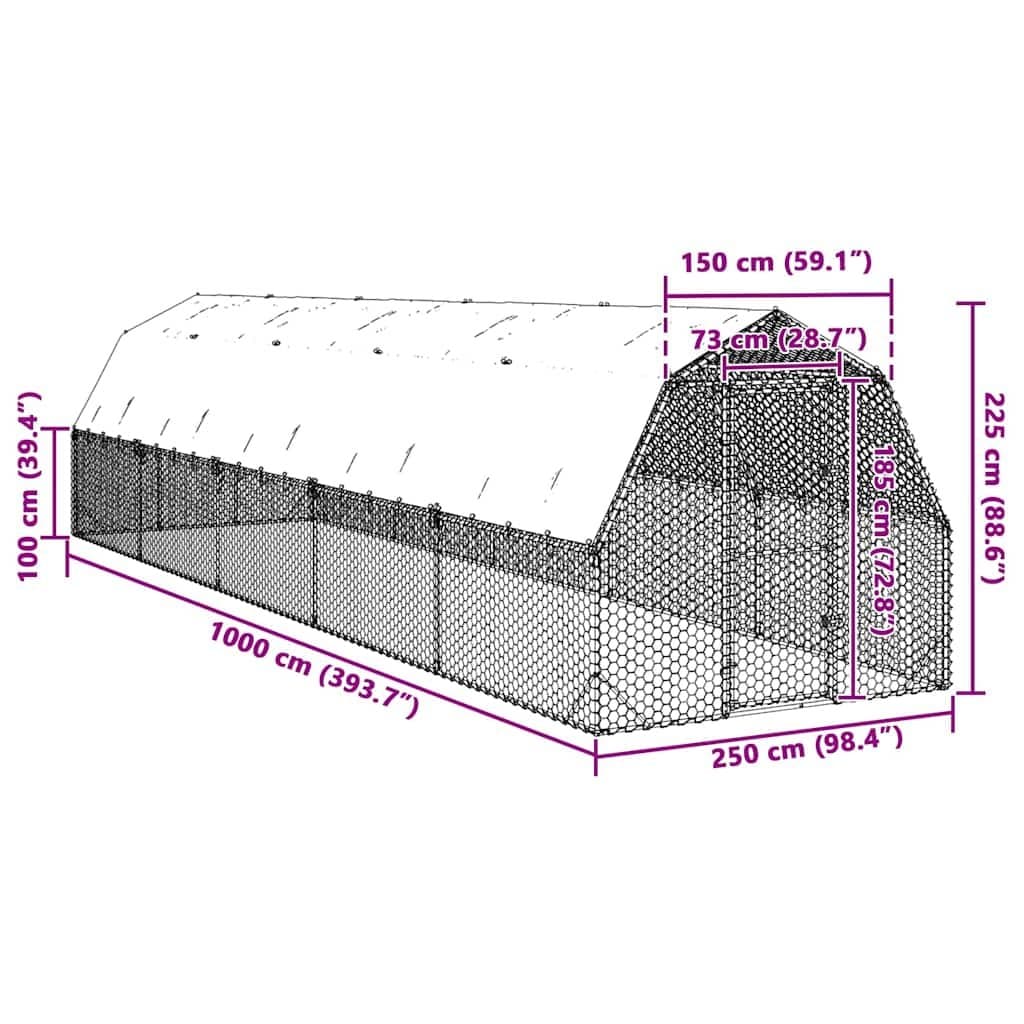 Walk-In Chicken Run with Roof 2.5x10x2.25 m
