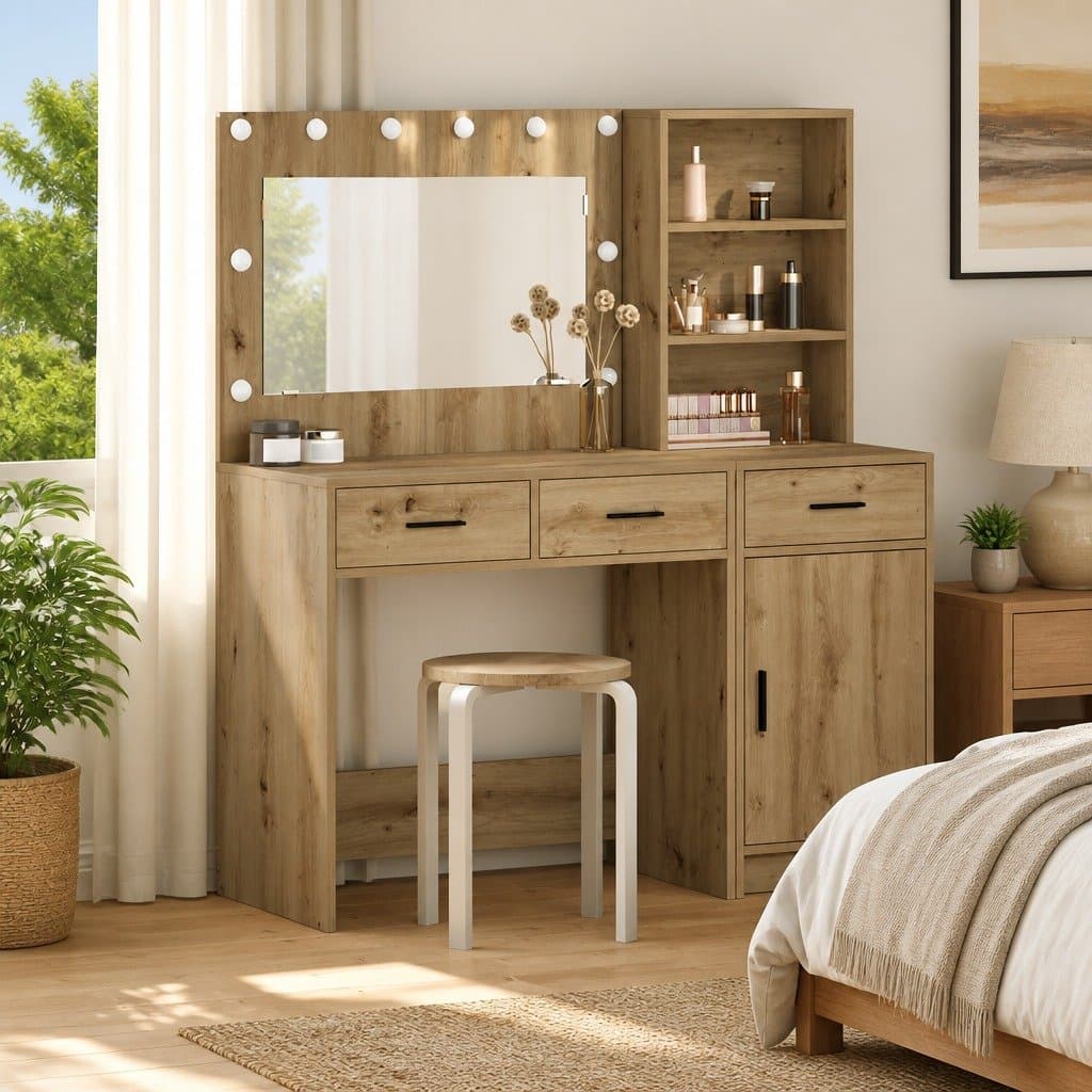 Brown Dressing Table with LED Mirror and Storage