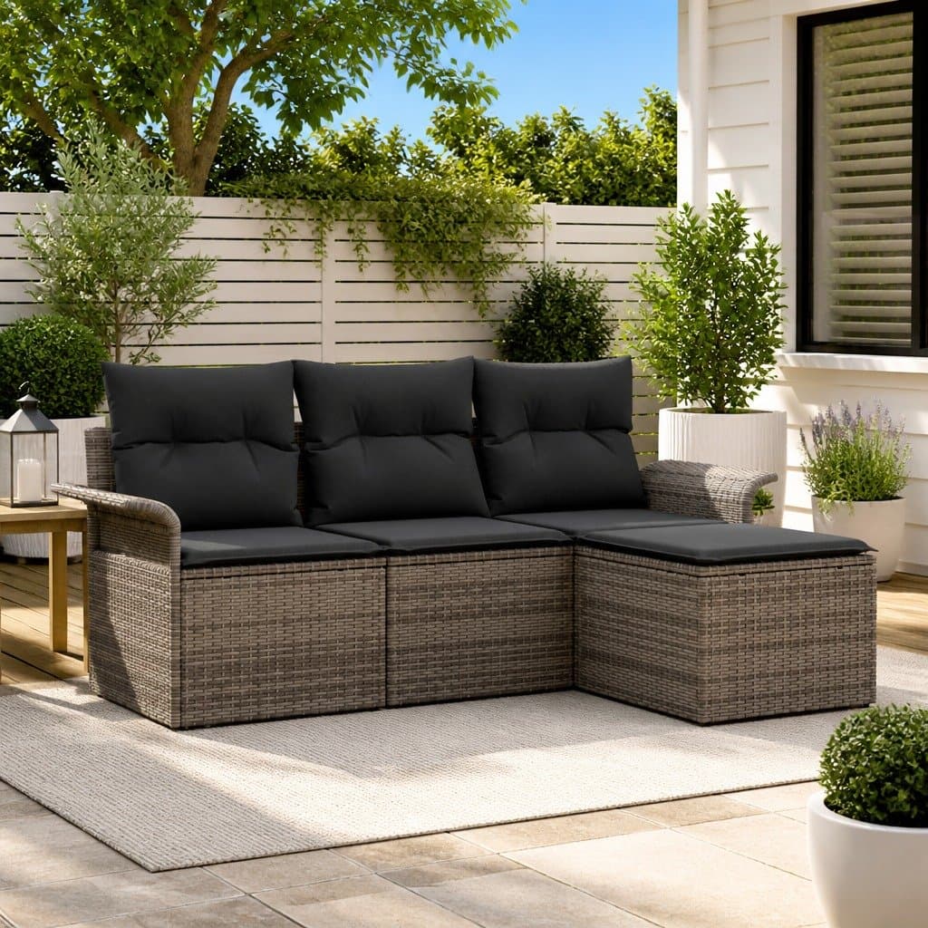 Outdoor Sofa Set 4 Pieces Grey Poly Rattan Garden Patio Furniture with Cushions