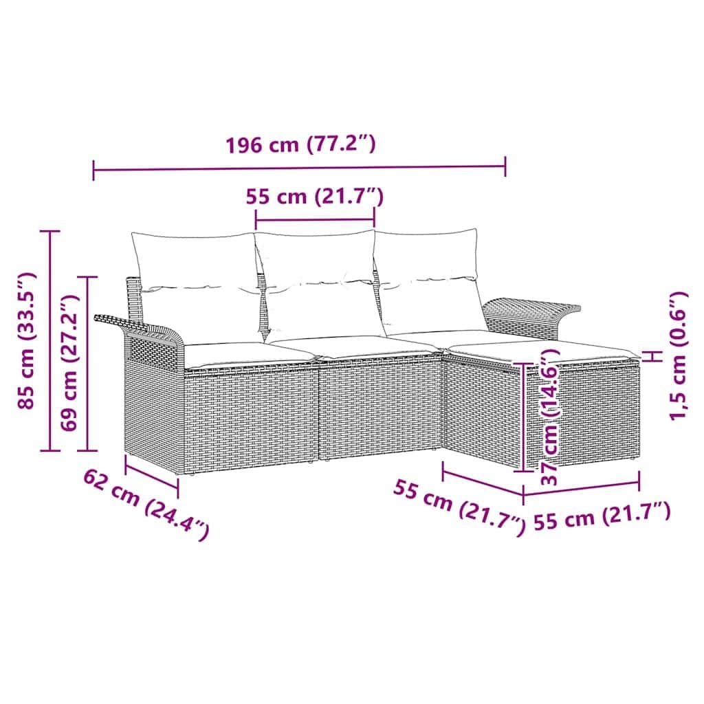 Outdoor Sofa Set 4 Pieces Grey Poly Rattan Garden Patio Furniture with Cushions