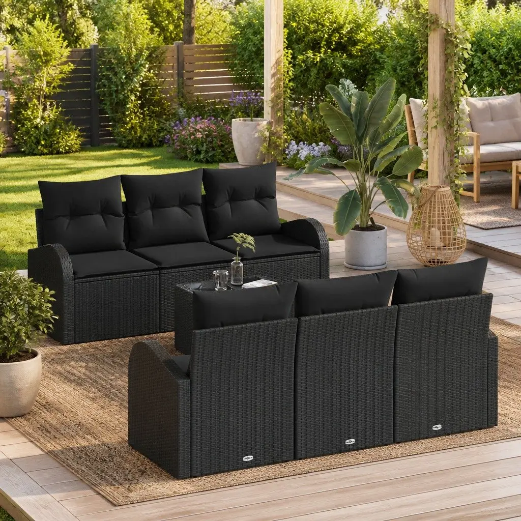 Black Modular Garden Sofa Set with Tempered Glass Table