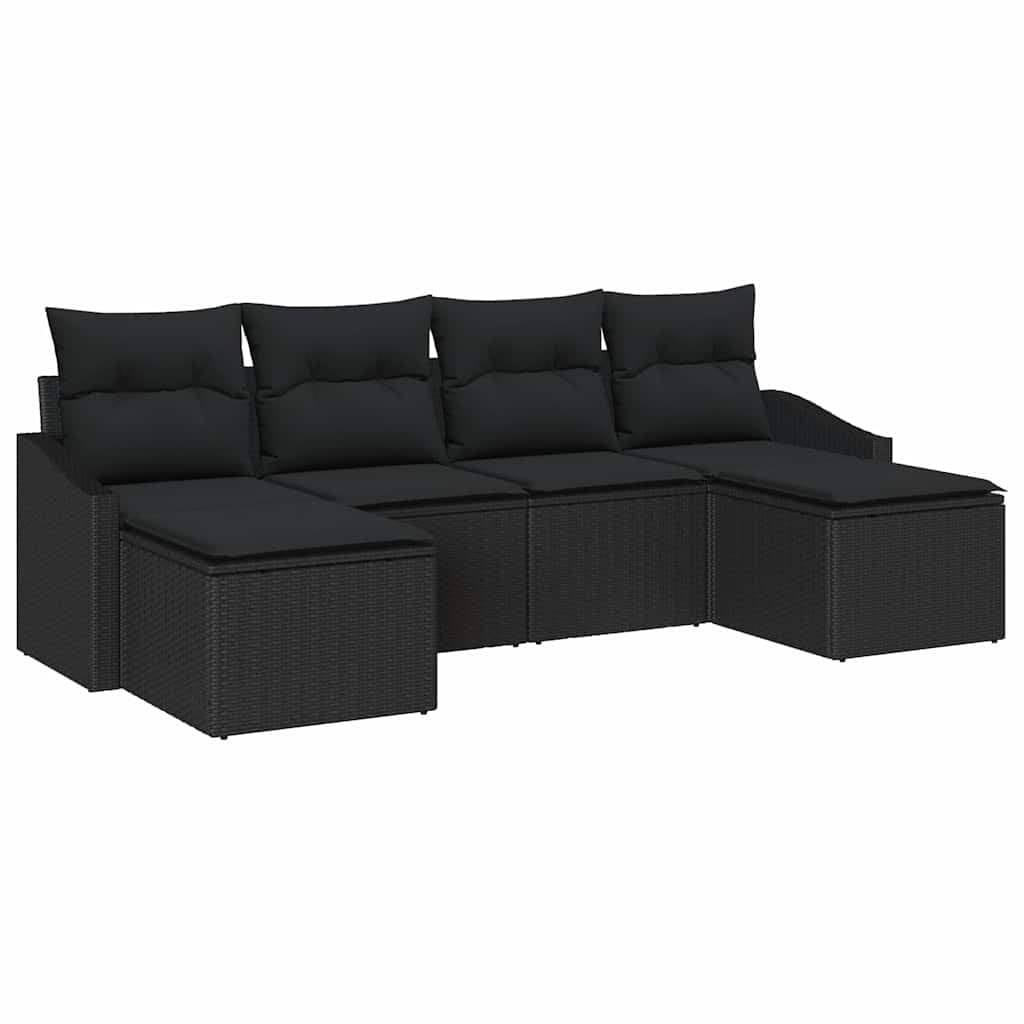 Black Poly Rattan 6-Piece Outdoor Sofa Set with Cushions
