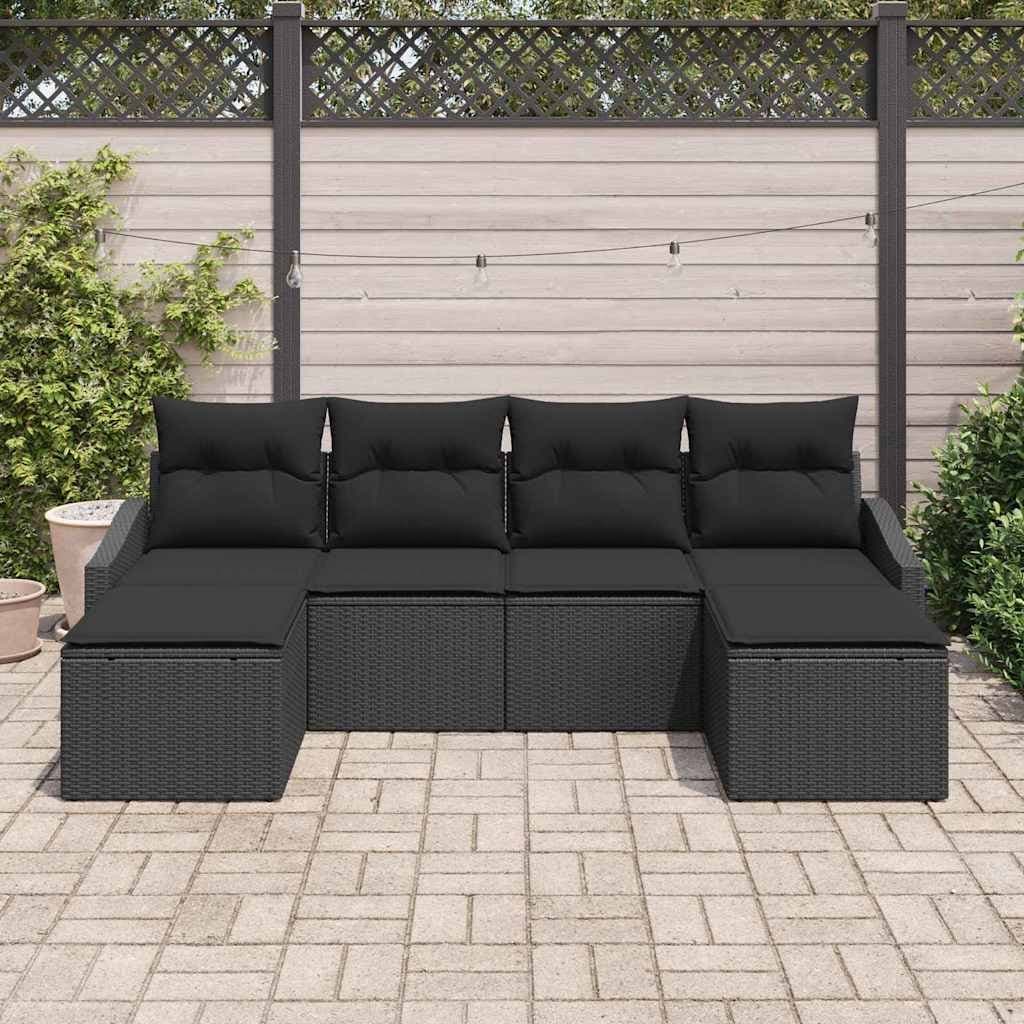 Black Poly Rattan 6-Piece Outdoor Sofa Set with Cushions