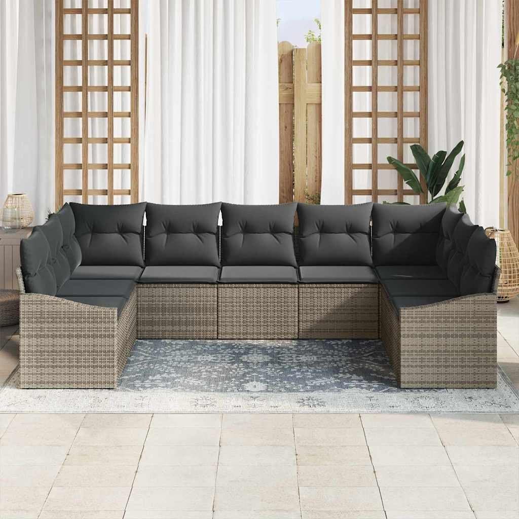 9-Piece Grey Poly Rattan Outdoor Sofa Set