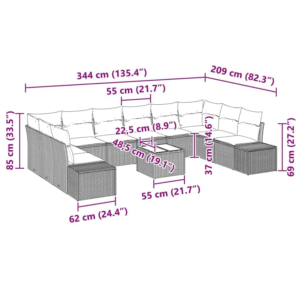 Garden Sofa Set Outdoor Sectional Furniture Poly Rattan 11 pcs Black Cushions