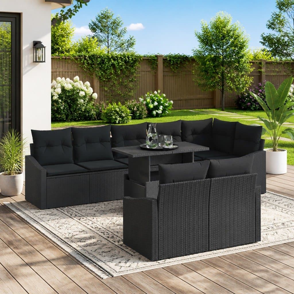 9-Piece Black Poly Rattan Modular Garden Sofa Set