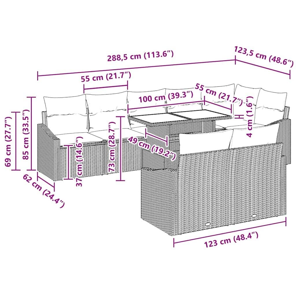 9-Piece Black Poly Rattan Modular Garden Sofa Set