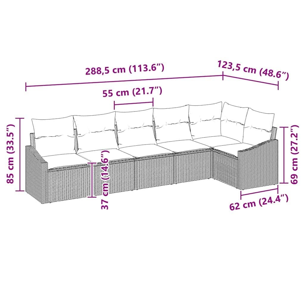 6-Piece Grey Poly Rattan Outdoor Sofa Set