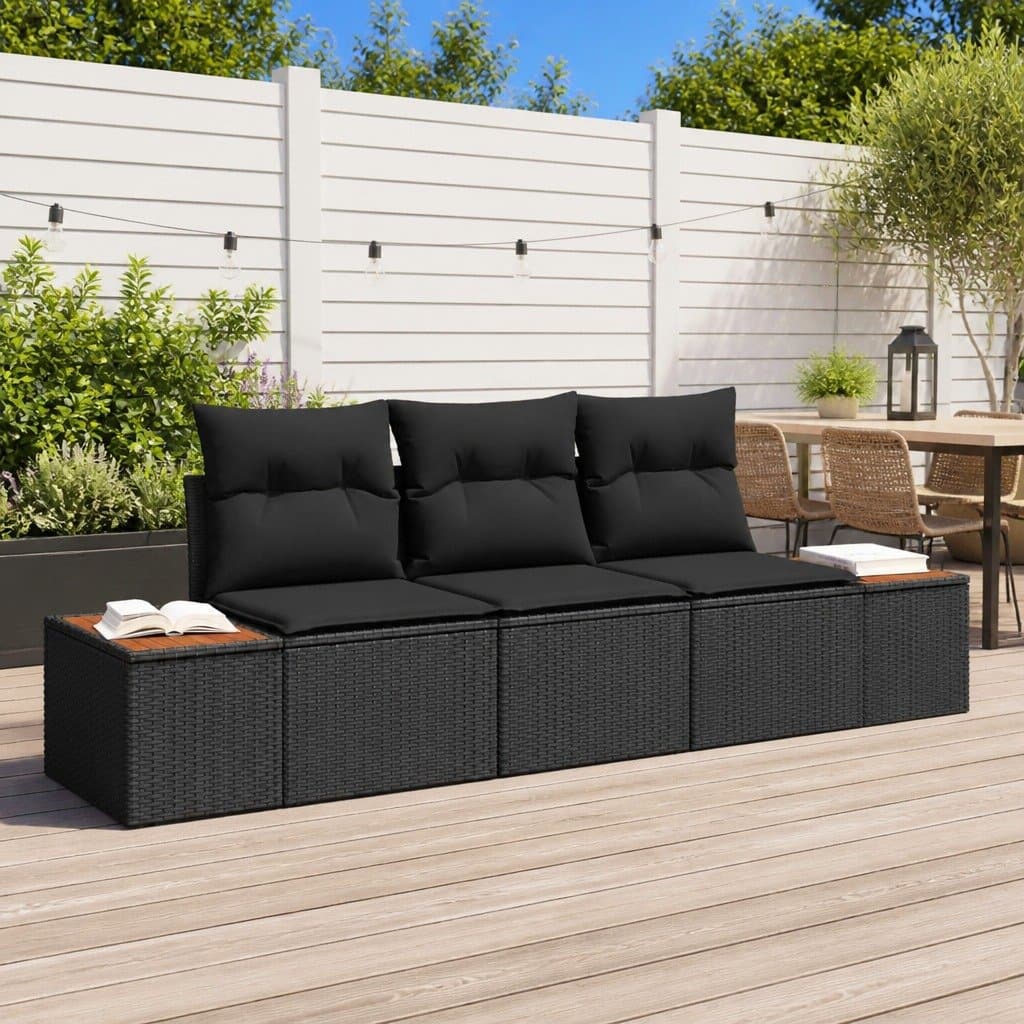 3-Piece Black Outdoor Garden Sofa Set with Cushions