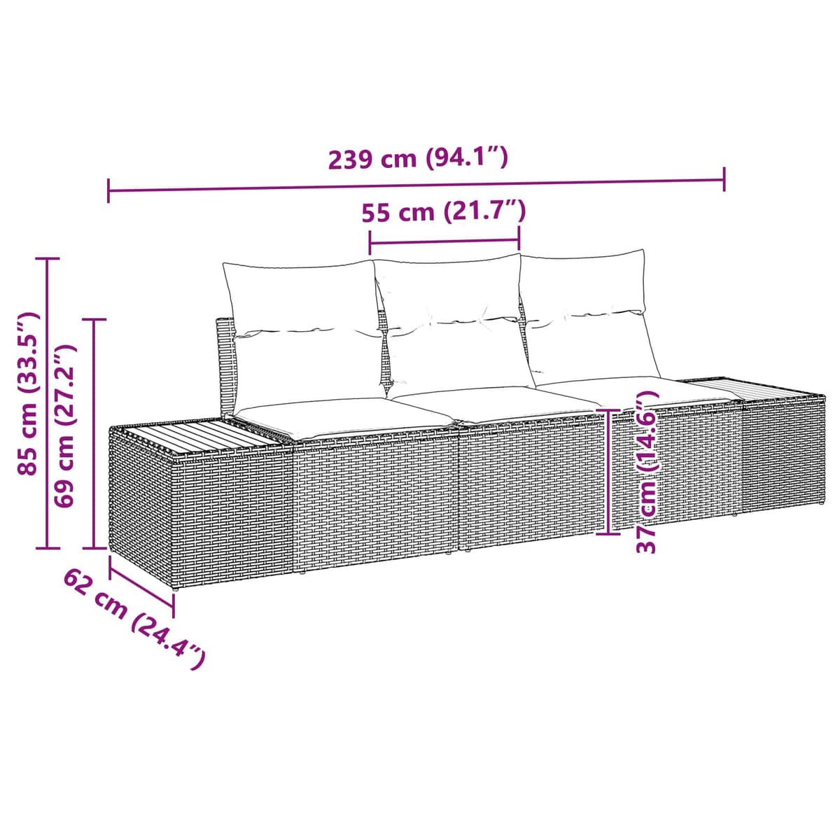 3-Piece Black Outdoor Garden Sofa Set with Cushions