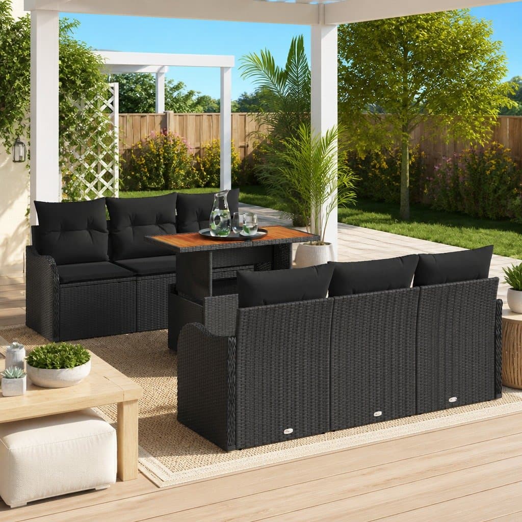 7-Piece Black Poly Rattan Garden Sofa Set with Storage