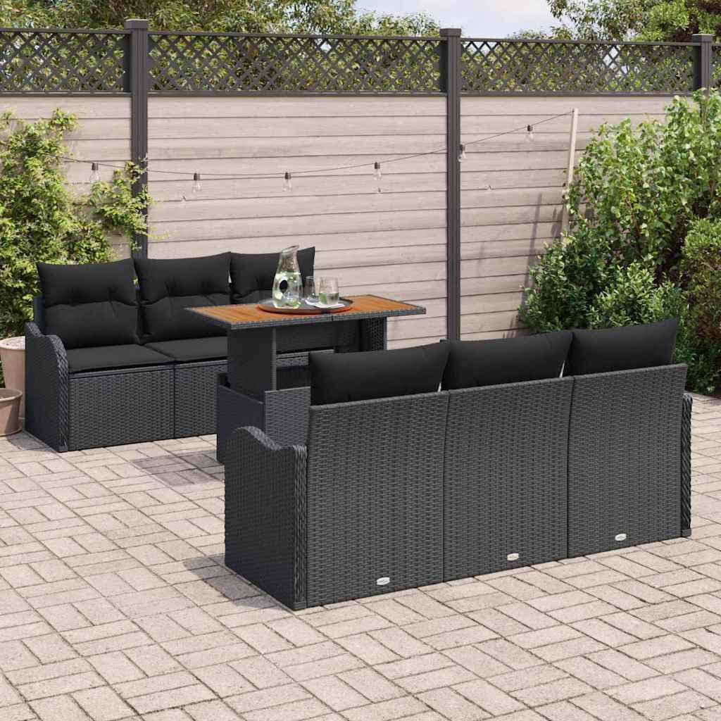 7-Piece Black Poly Rattan Garden Sofa Set with Storage