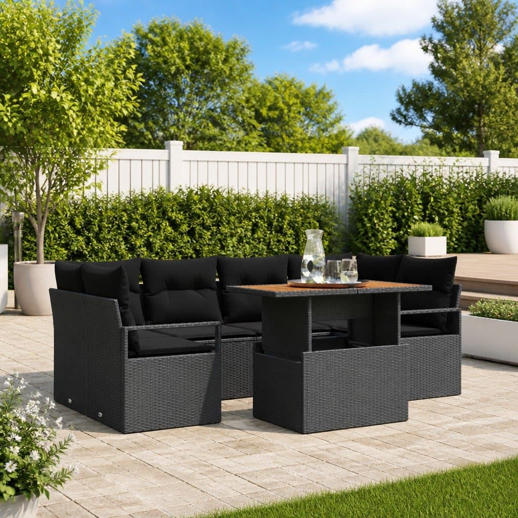7-Piece Black Poly Rattan Garden Sofa Set for Outdoors
