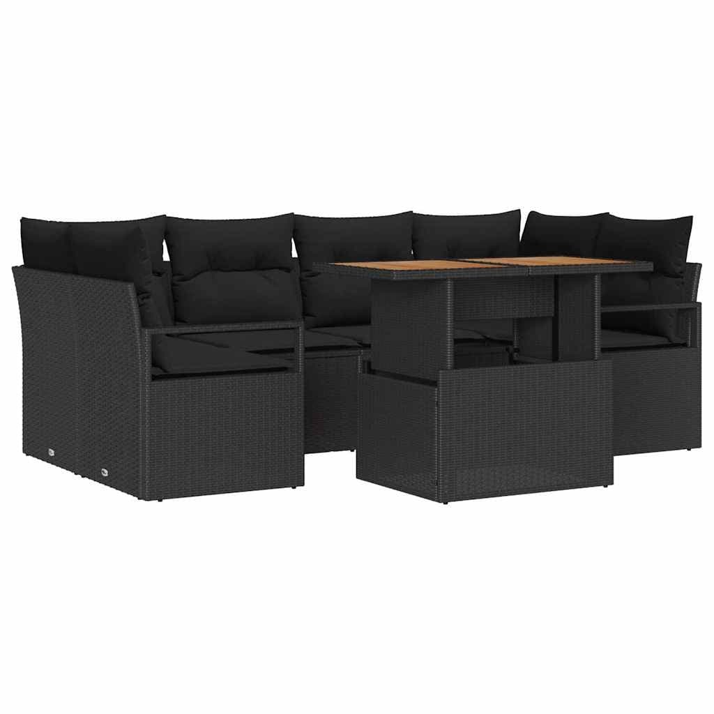 7-Piece Black Poly Rattan Garden Sofa Set for Outdoors