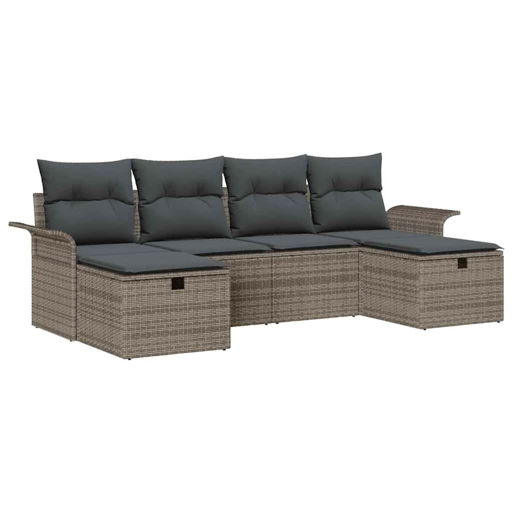 Garden Sofa Set 6 Pieces Grey Poly Rattan Outdoor Patio Furniture with Cushions