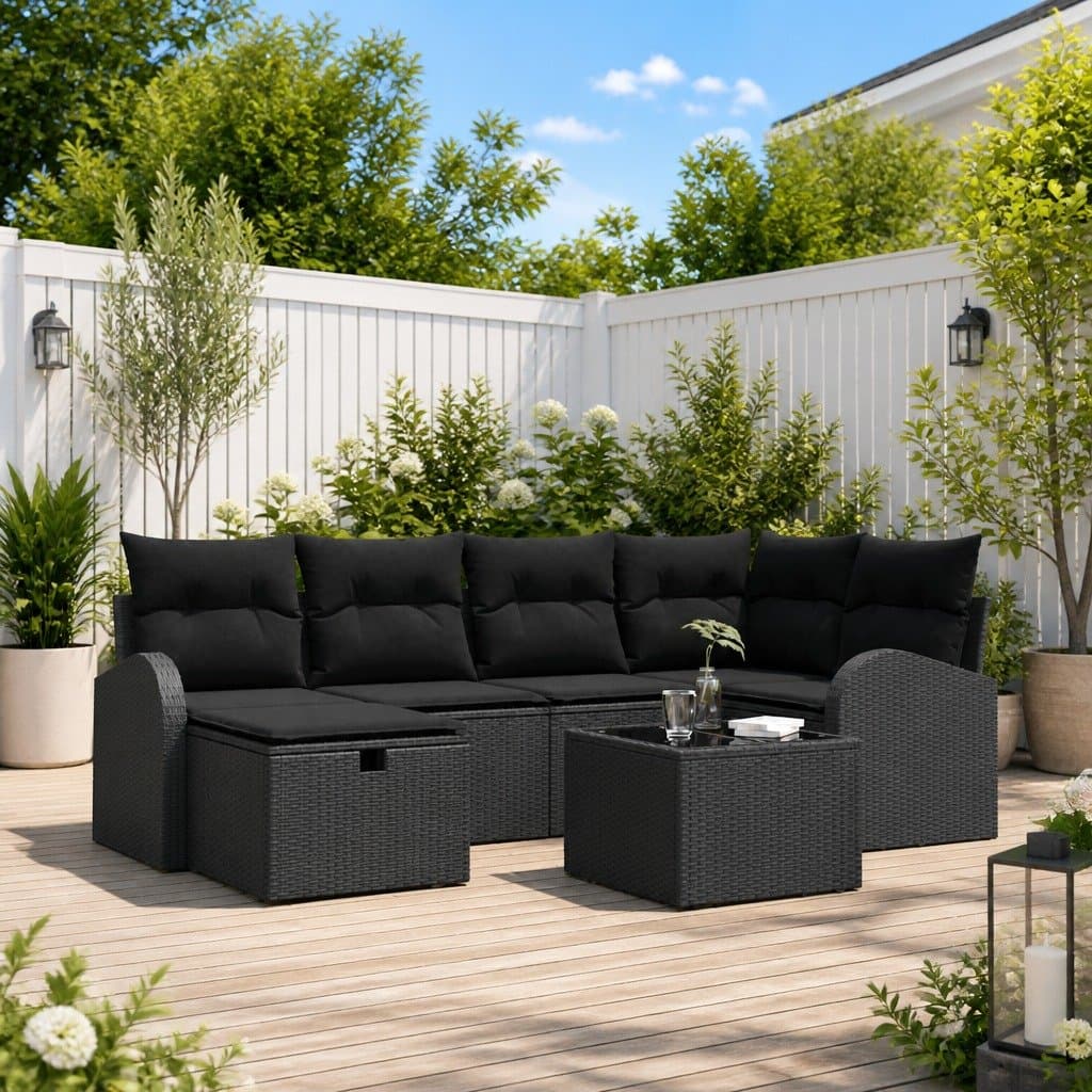7 Piece Black Poly Rattan Garden Sofa Set