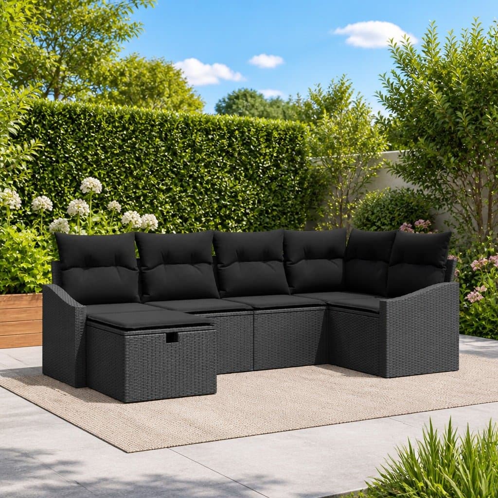 Black Poly Rattan 6-Piece Outdoor Sofa Set