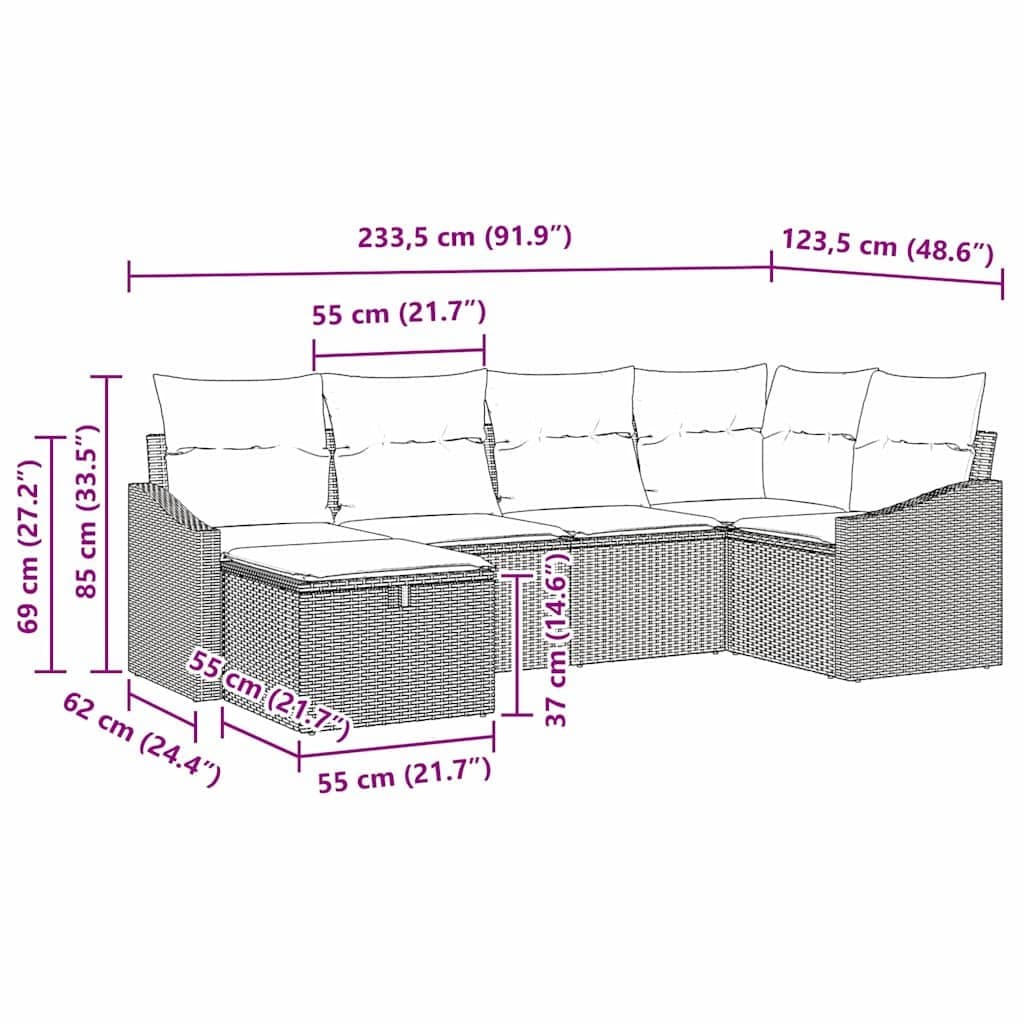 Black Poly Rattan 6-Piece Outdoor Sofa Set