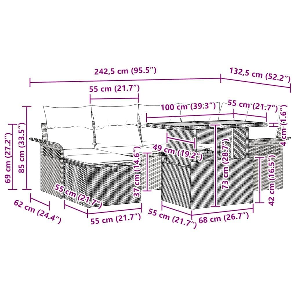 7-Piece Modular Garden Sofa Set in Black Rattan