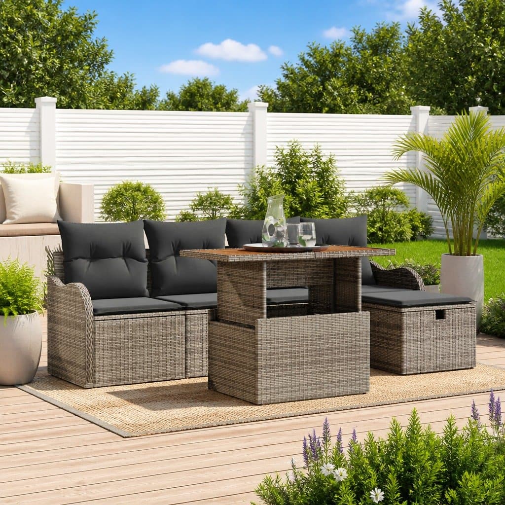 6-Piece Grey Outdoor Garden Sofa Set with Adjustable Table