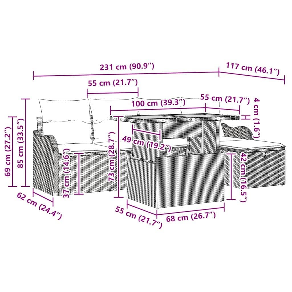 6-Piece Grey Outdoor Garden Sofa Set with Adjustable Table
