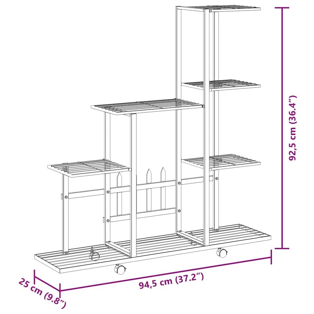 Black Metal Plant Stand with Wheels 94.5x25x92.5cm