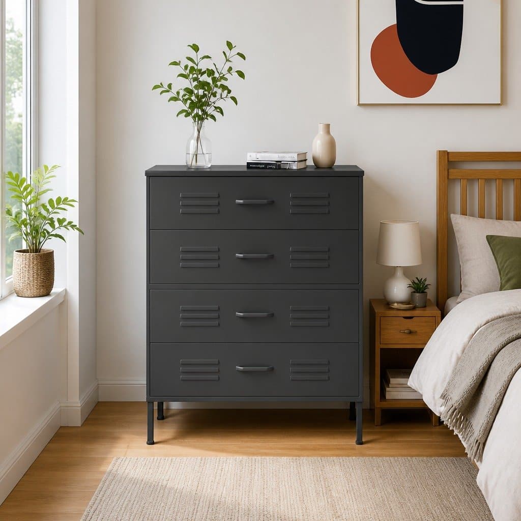 Anthracite Storage Cabinet with Steel Frame, 80x35x101.5cm