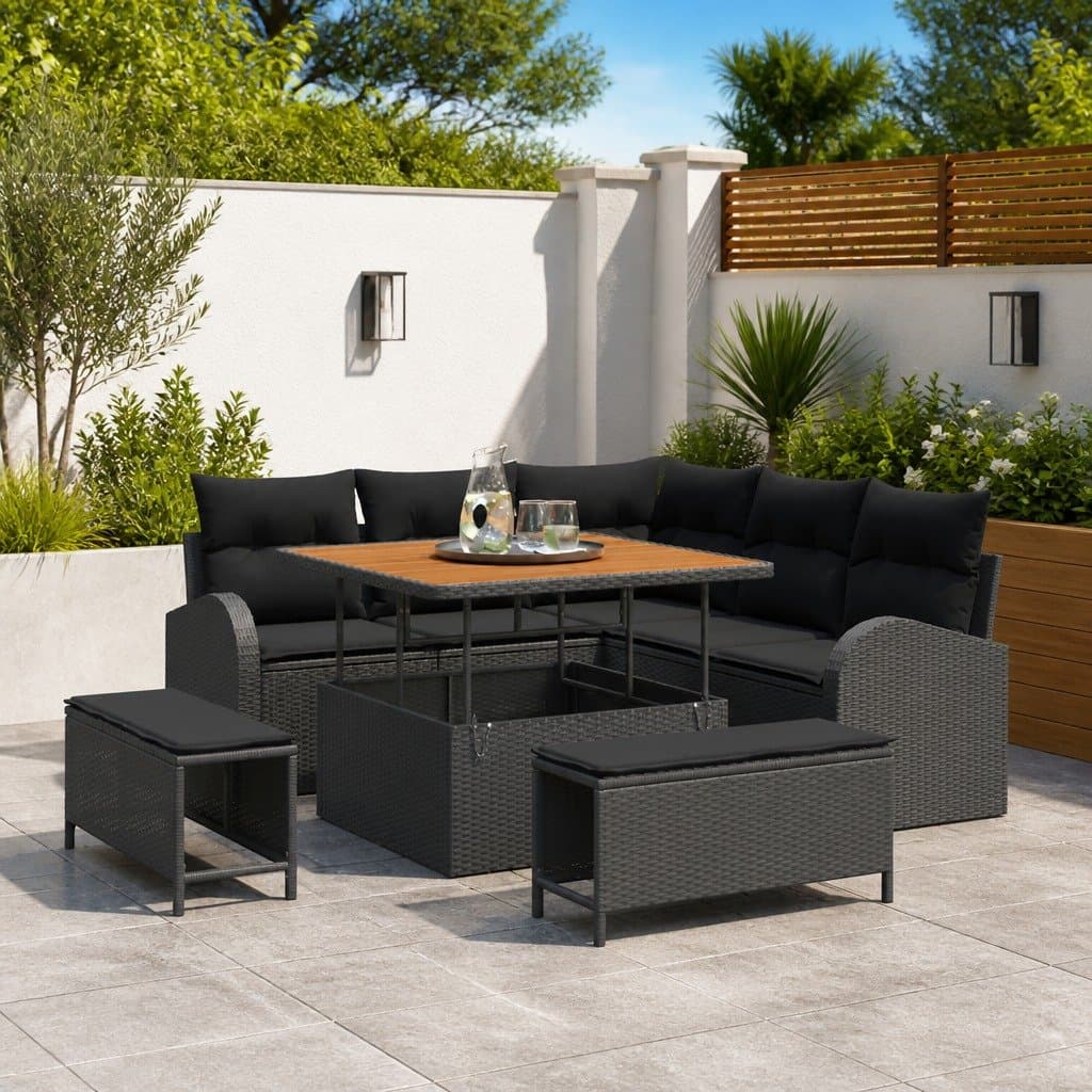 Modular 8-Piece Black Garden Sofa Set with Storage
