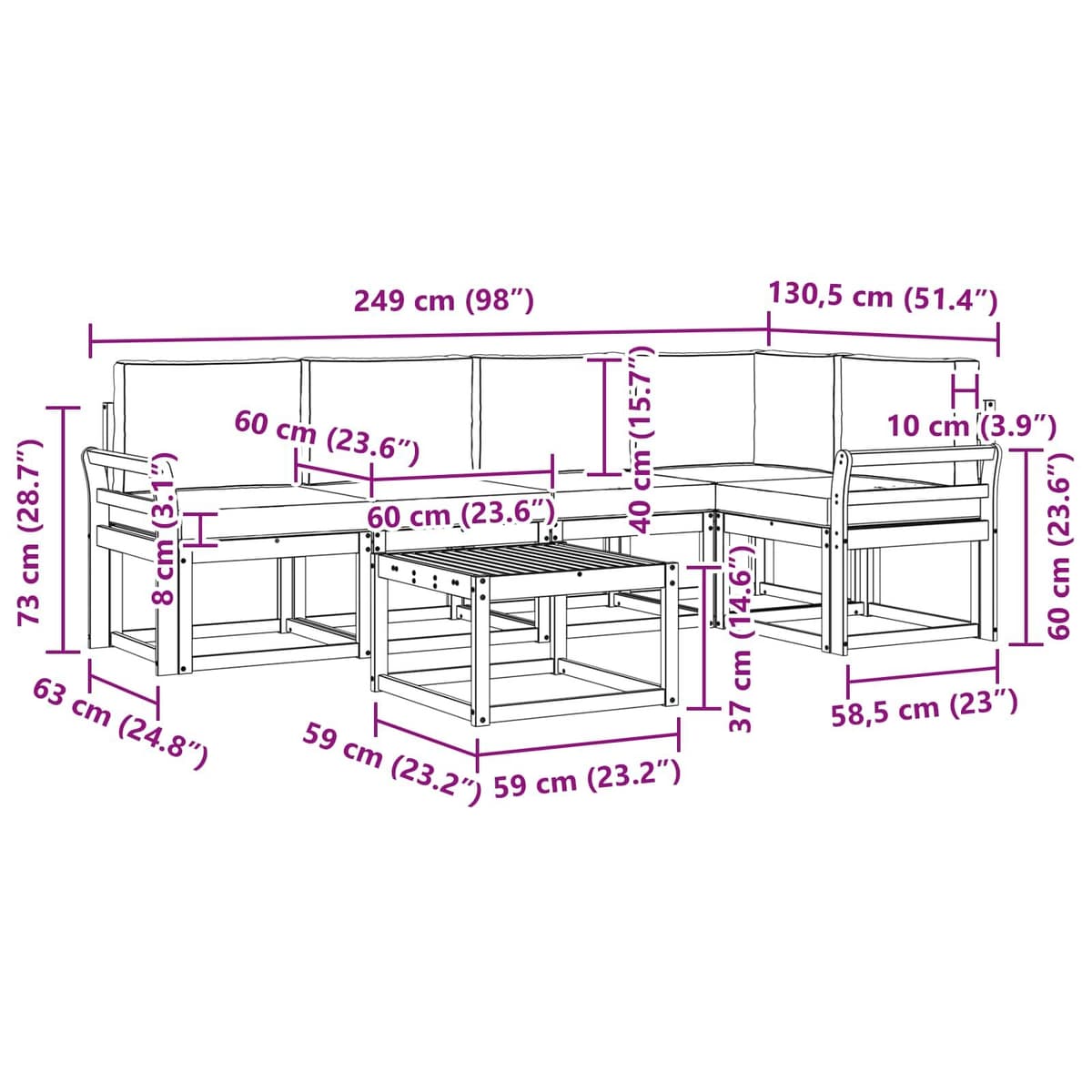 Brown Modular Outdoor Sofa Set 6 Pieces with Cushions