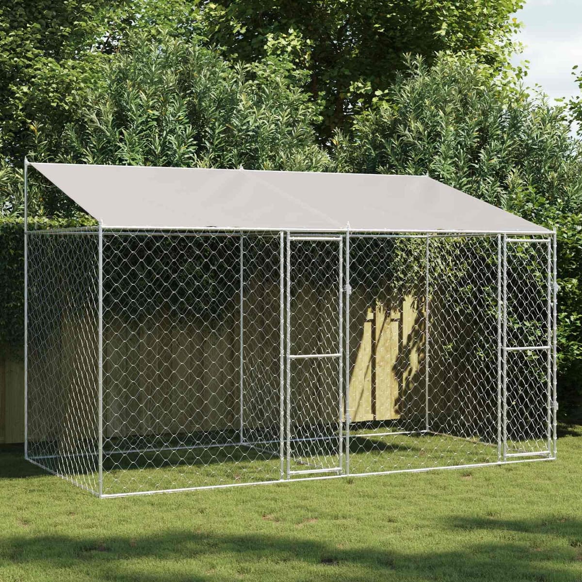 Dog Cage with Roof Silver 400 x 200 x 256 cm Outdoor Pet Kennel Run Enclosure
