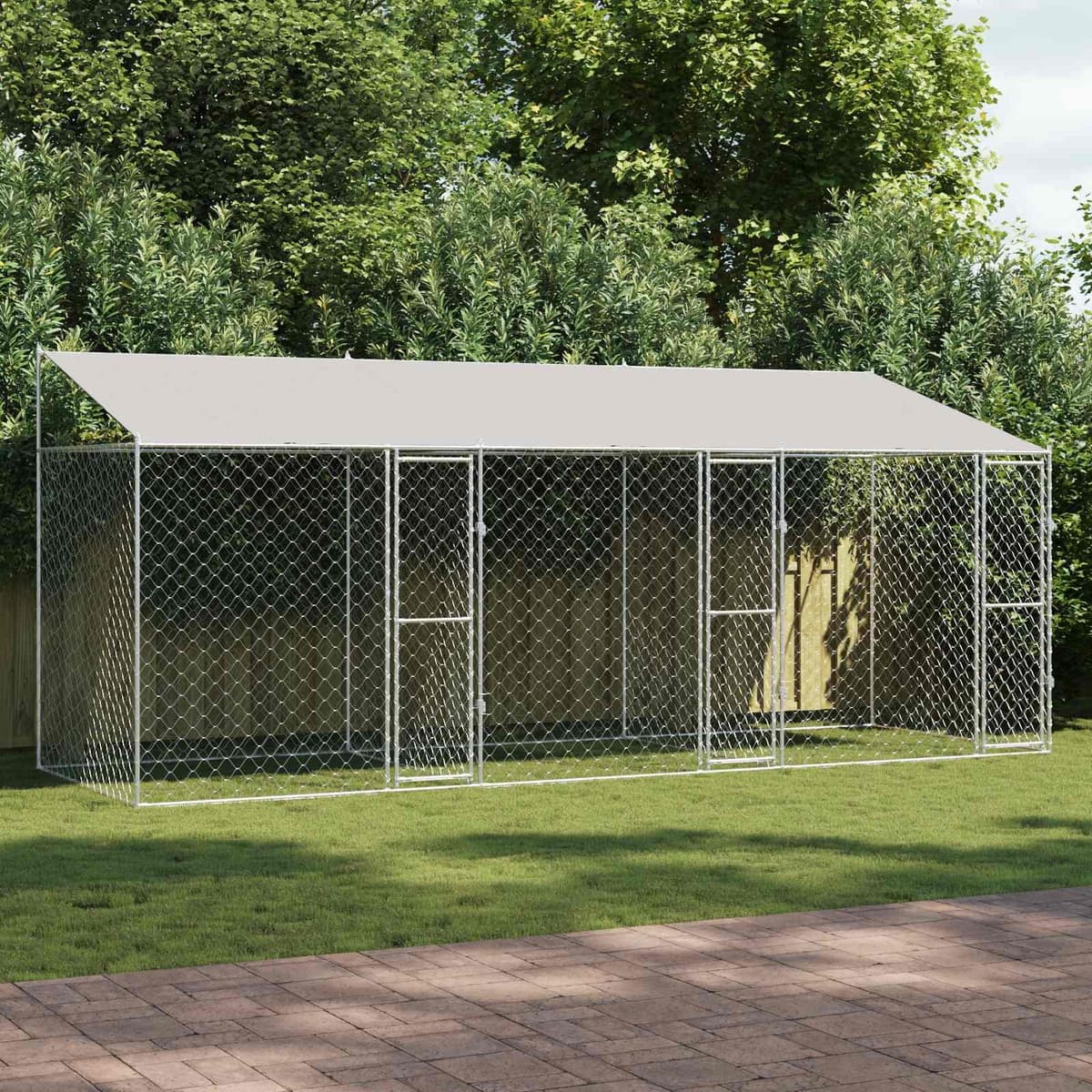 Dog Cage with Roof Outdoor Pet Kennel Run Large Spacious Silver Steel Wire Mesh