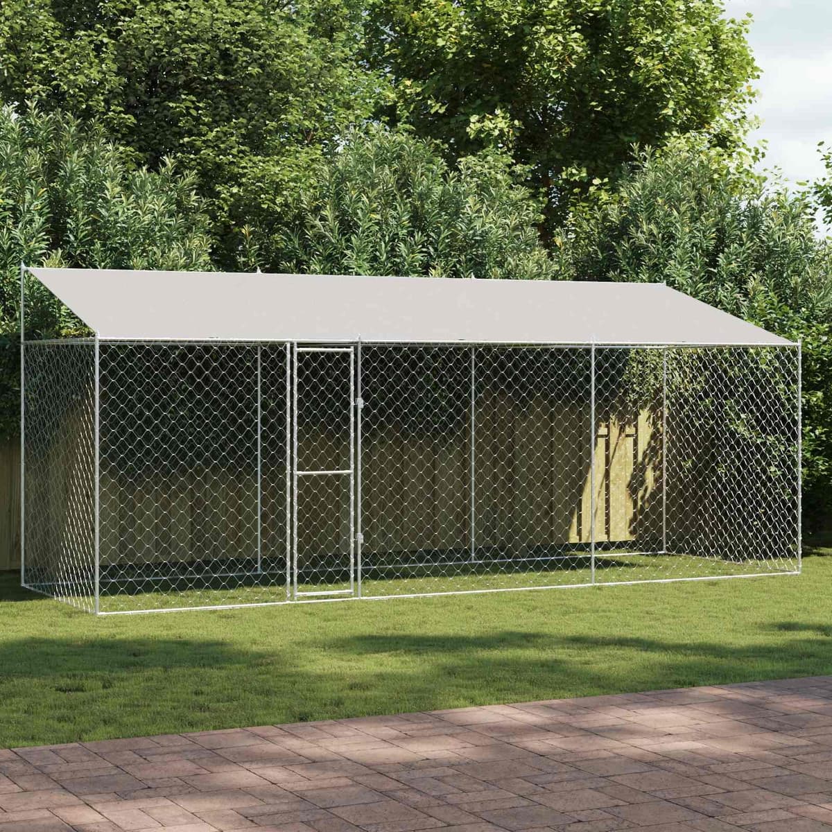 Dog Cage with Roof Outdoor Large Pet Kennel Run Steel Mesh Lockable Door Silver