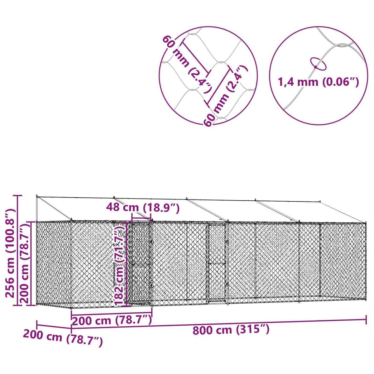 Dog Cage with Roof Silver 800 x 200 x 256 cm Outdoor Enclosure Lockable Door