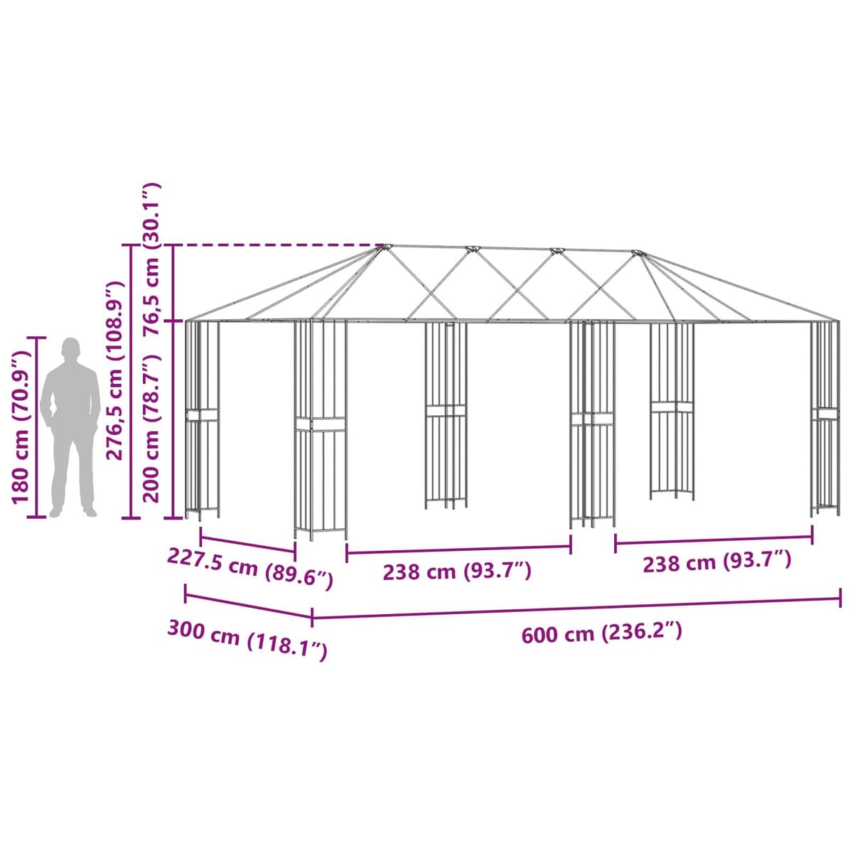 6 x 3 m Black Steel Gazebo Frame for Outdoors