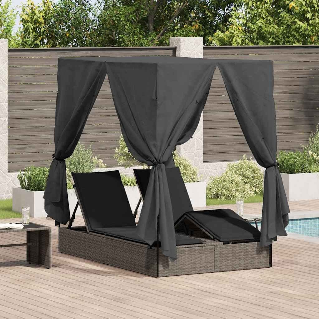 Grey Double Sun Lounger with Roof Curtains for Outdoors