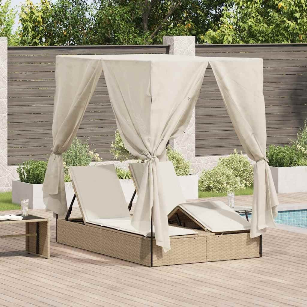 Double Sun Lounger with Adjustable Roof Curtains