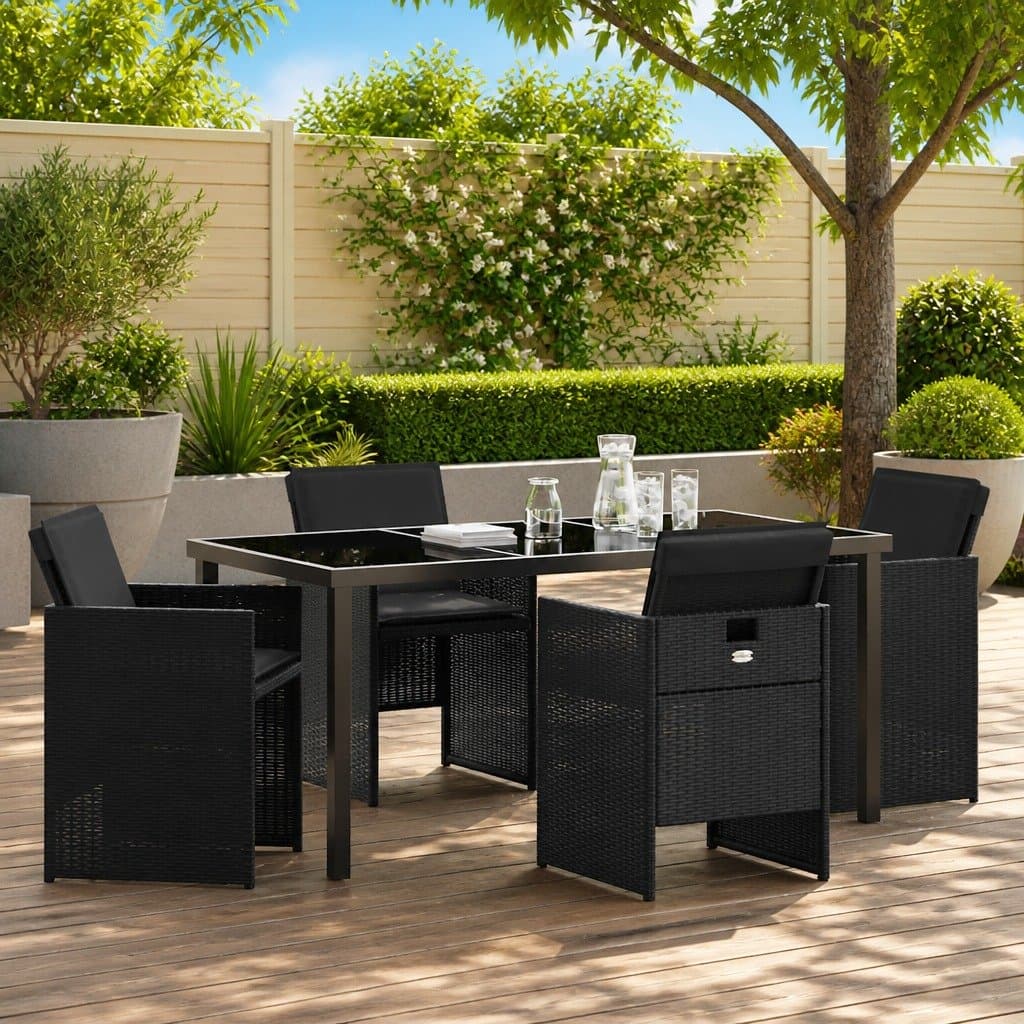 Black Poly Rattan Outdoor Dining Set 5 Piece with Glass Top