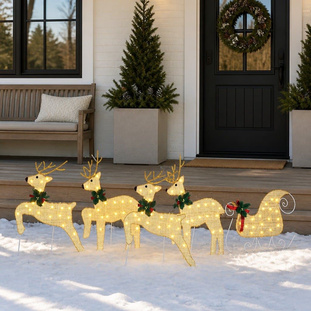 LED Reindeers 5 pcs Gold Fabric Christmas Holiday Home Garden Decoration Lights