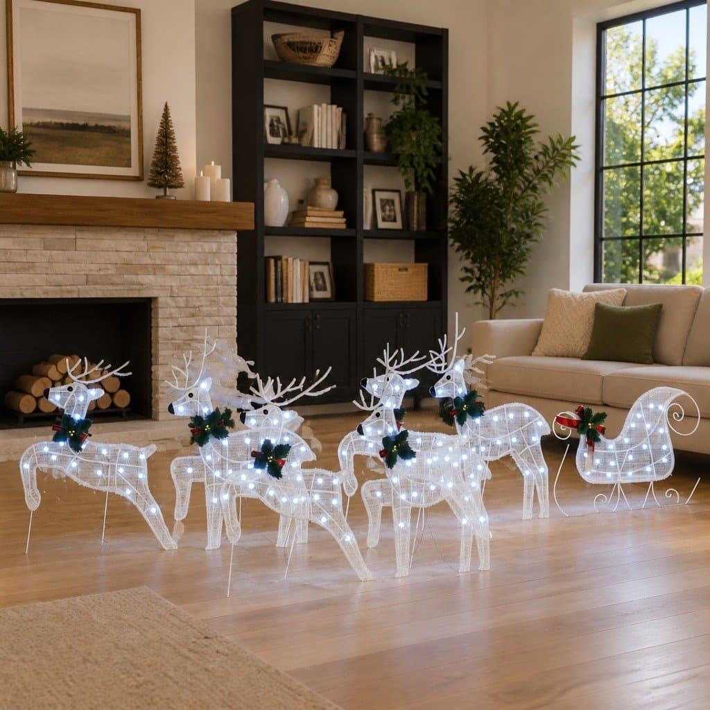 LED Reindeer Christmas Decoration Set Art Deco White Fabric Holiday Indoor Outdoor