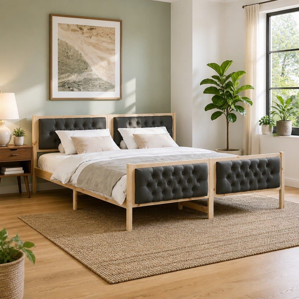 Solid Pine Wood Bed Frame with Padded Headboard 180 x 200 cm