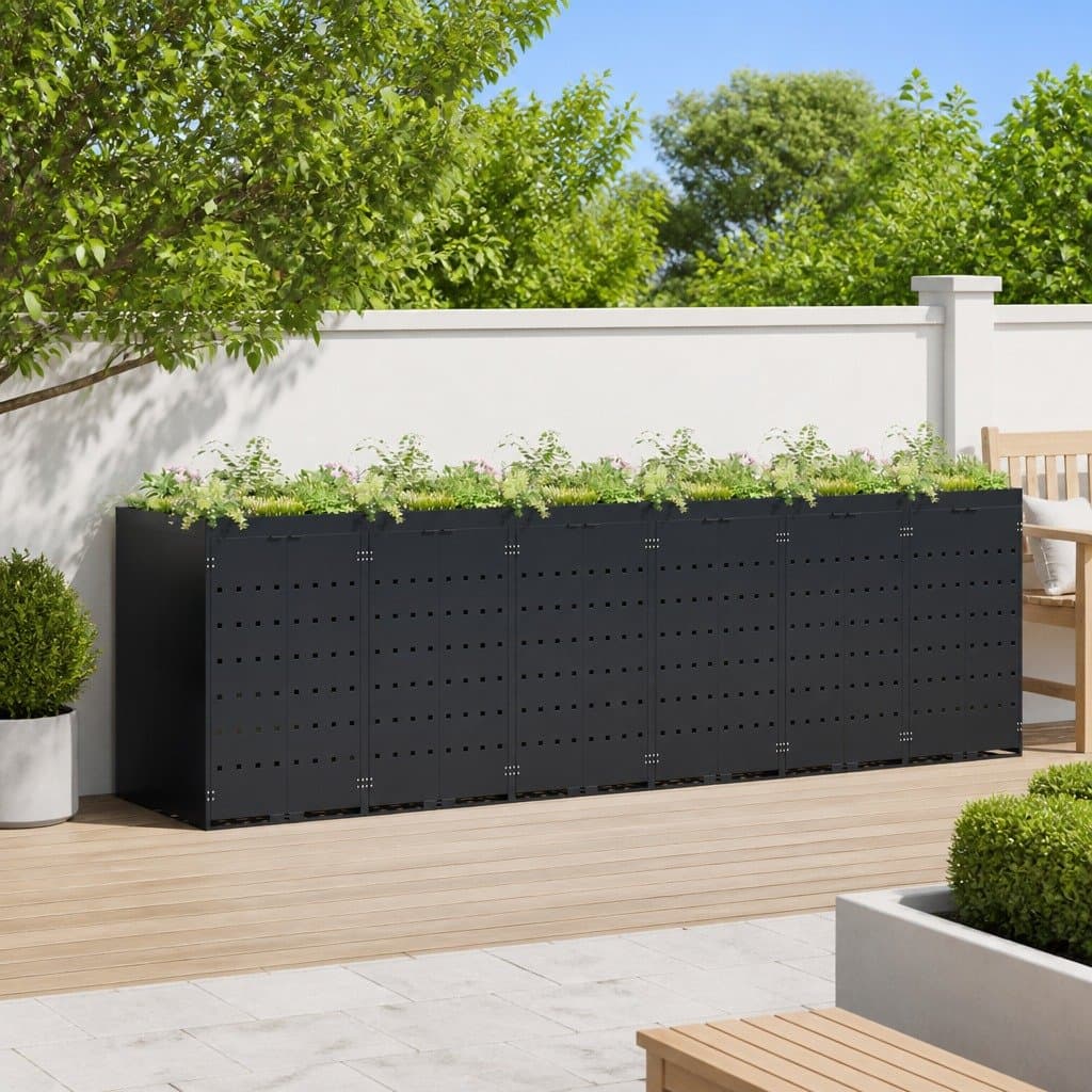 Black Steel Wheelie Bin Storage for 6 Bins with Planter Roof