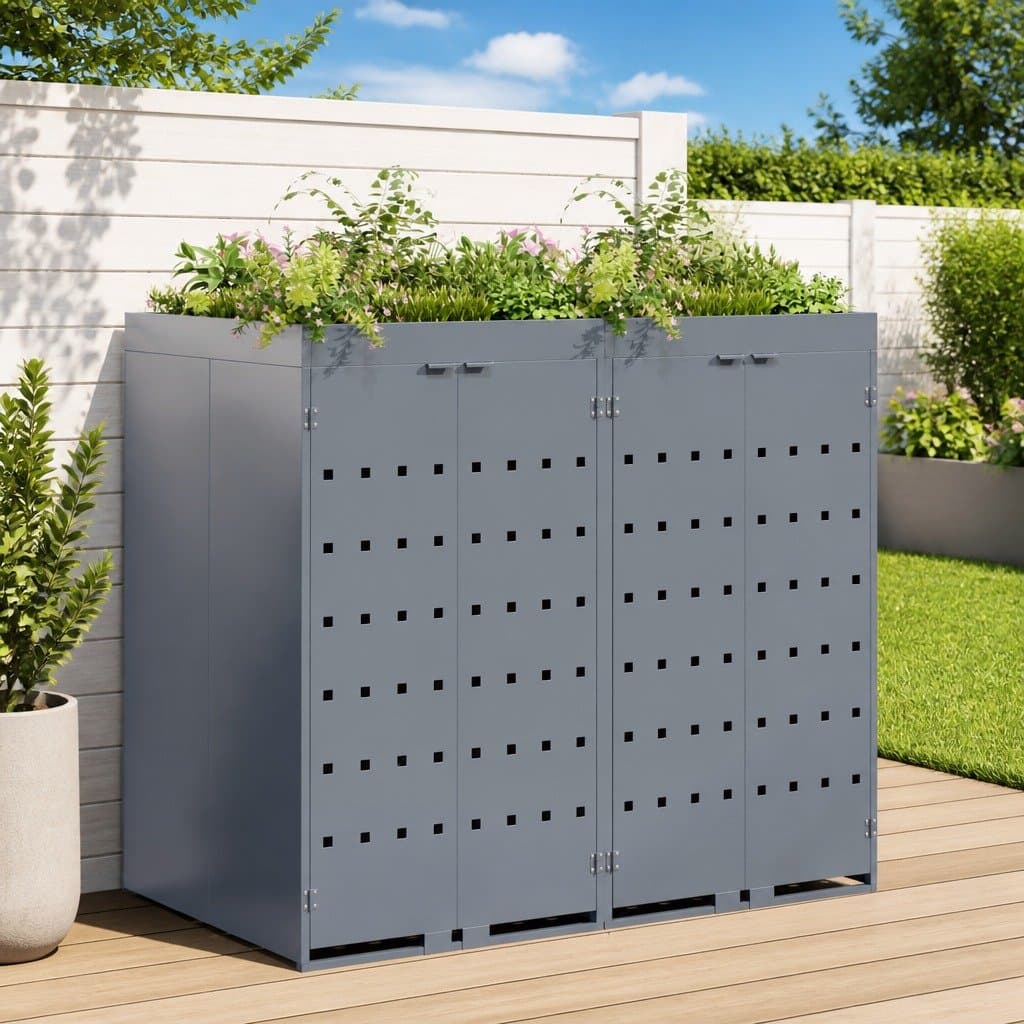 Light Grey Wheelie Bin Storage for 2 Bins with Planter Roof