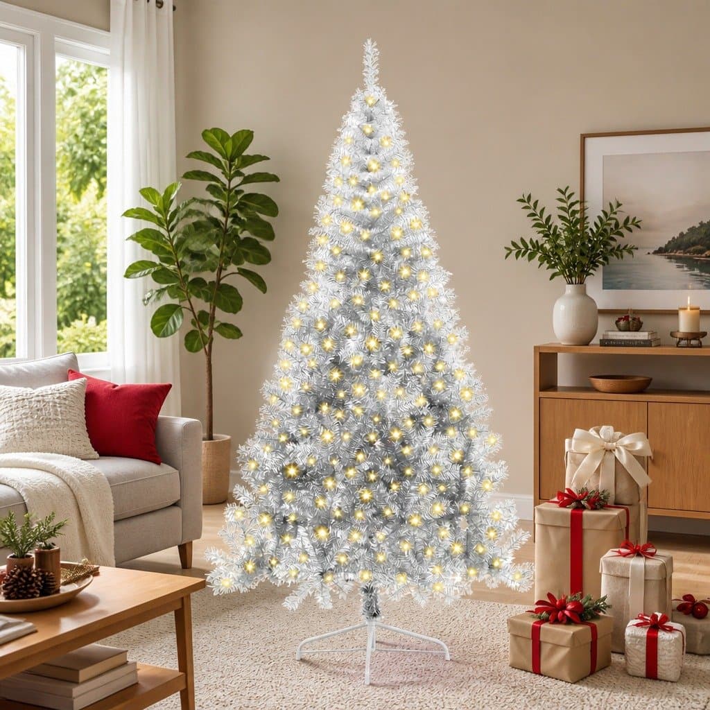210cm Silver Cone Shaped Pre-lit Christmas Tree with LED Lights