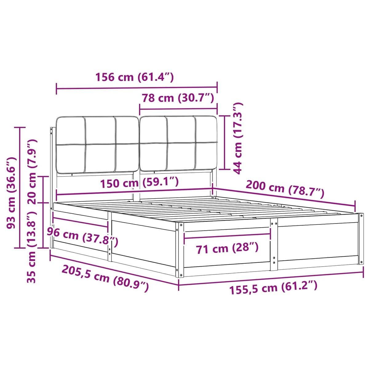 Grey Upholstered Bed Frame 150 x 200 cm