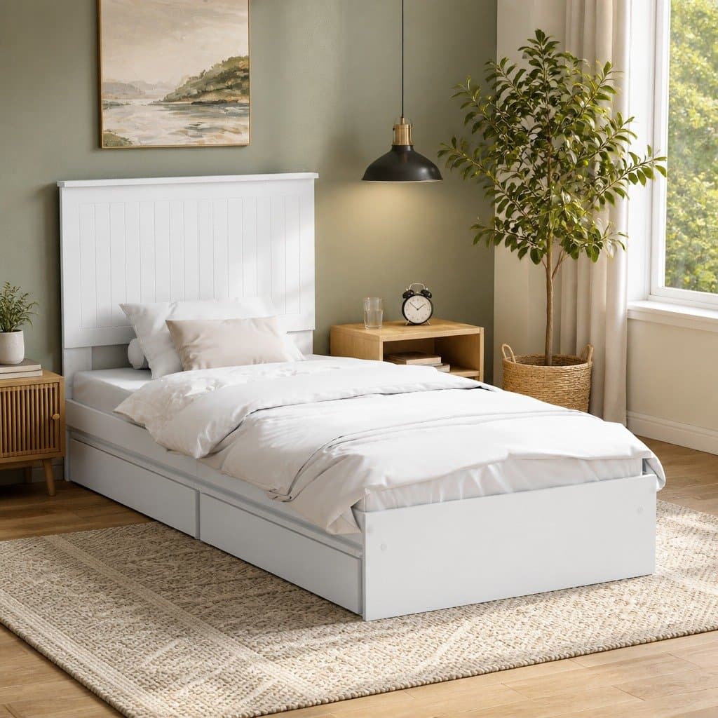 White Storage Bed with Headboard 90 x 190 cm