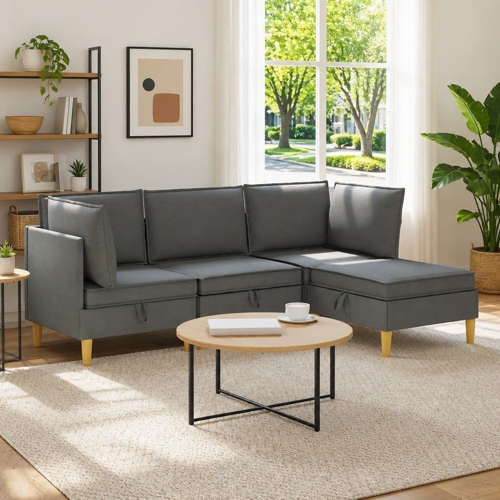Grey Fabric Modular Sofa Set with Hidden Storage
