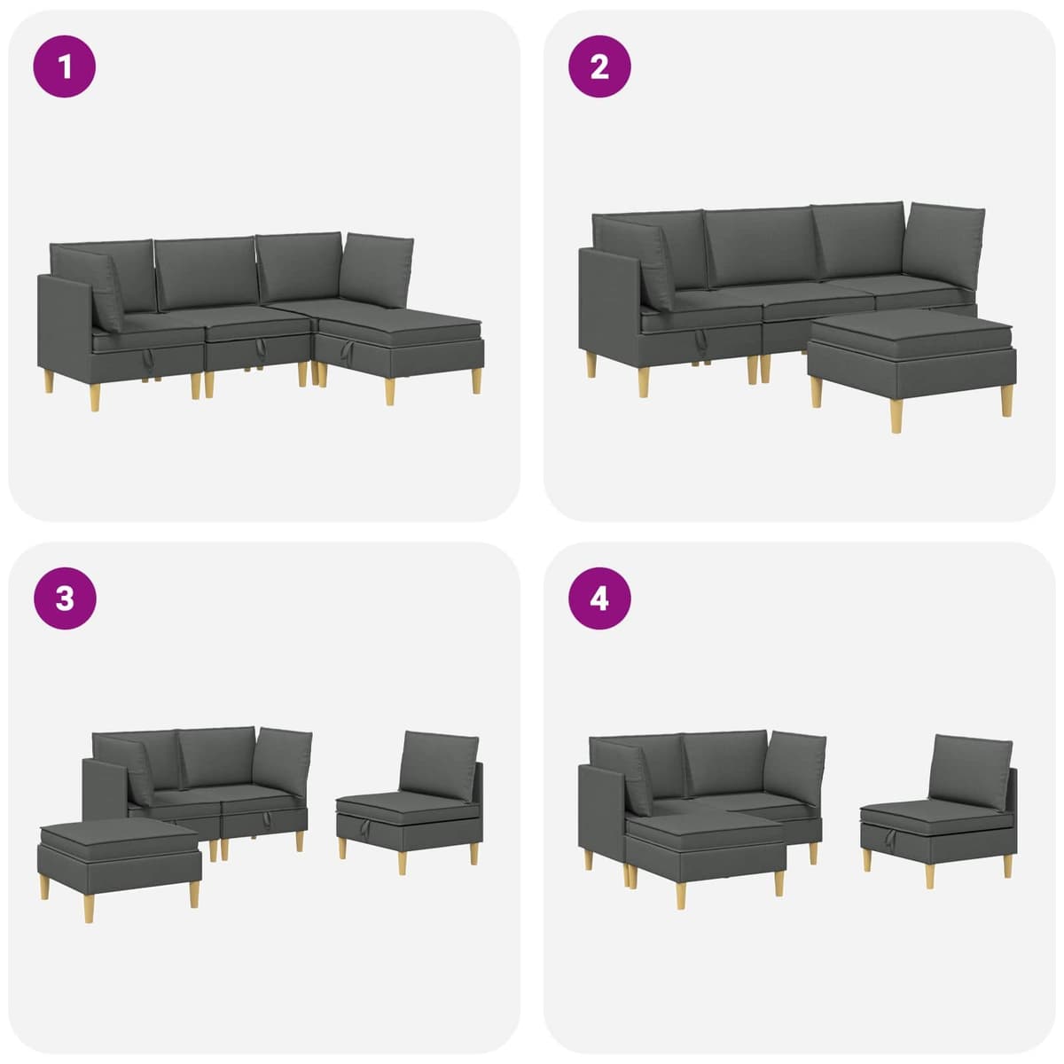Grey Fabric Modular Sofa Set with Hidden Storage