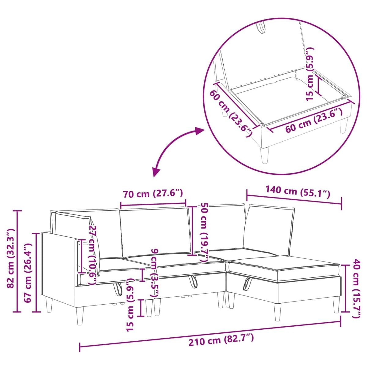 Grey Fabric Modular Sofa Set with Hidden Storage