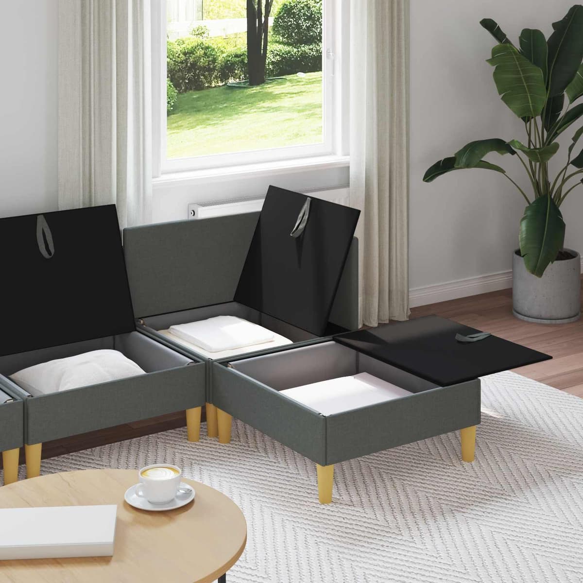 Grey Fabric Modular Sofa Set with Hidden Storage